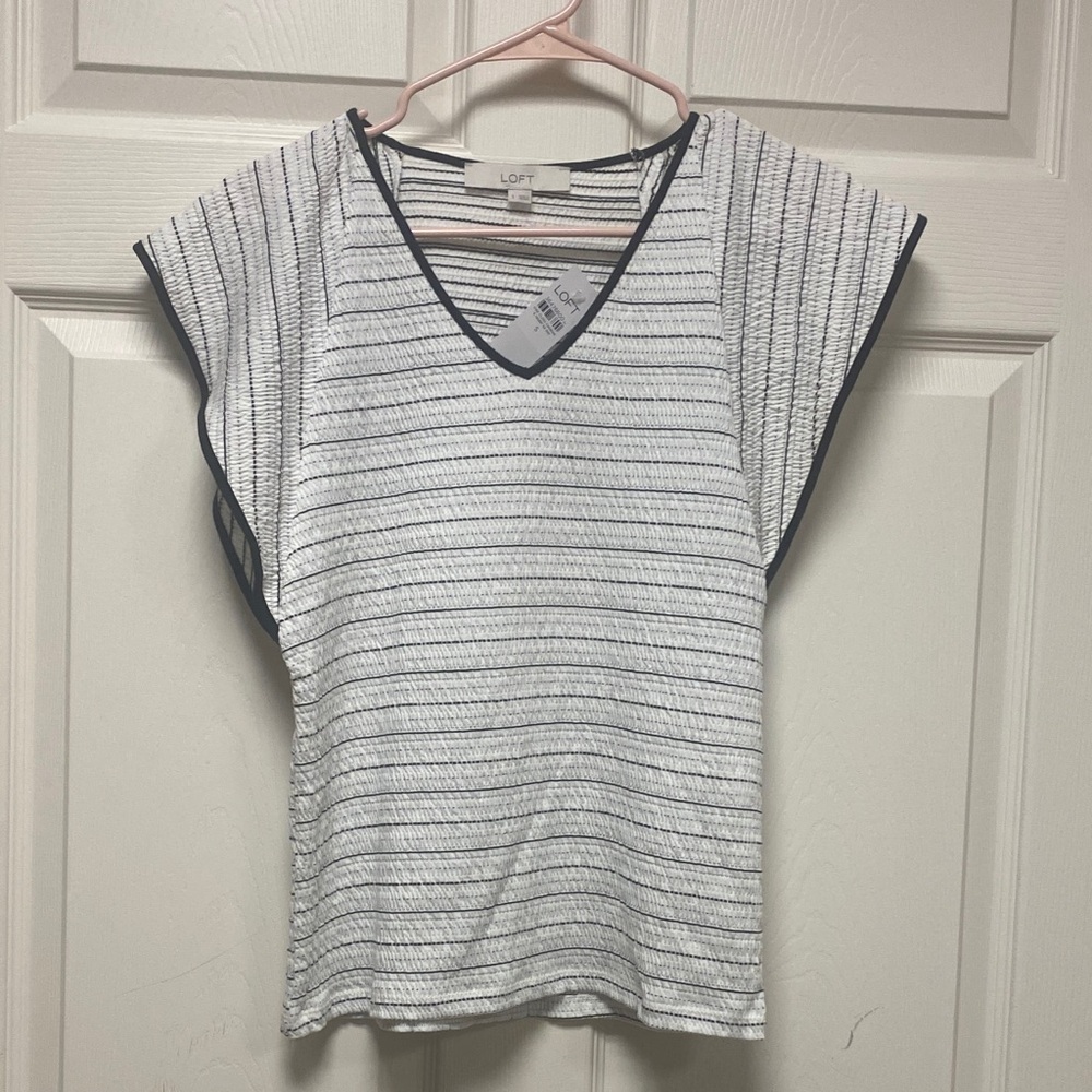 LOFT White and Gray Fitted T-Shirt with V-Neck